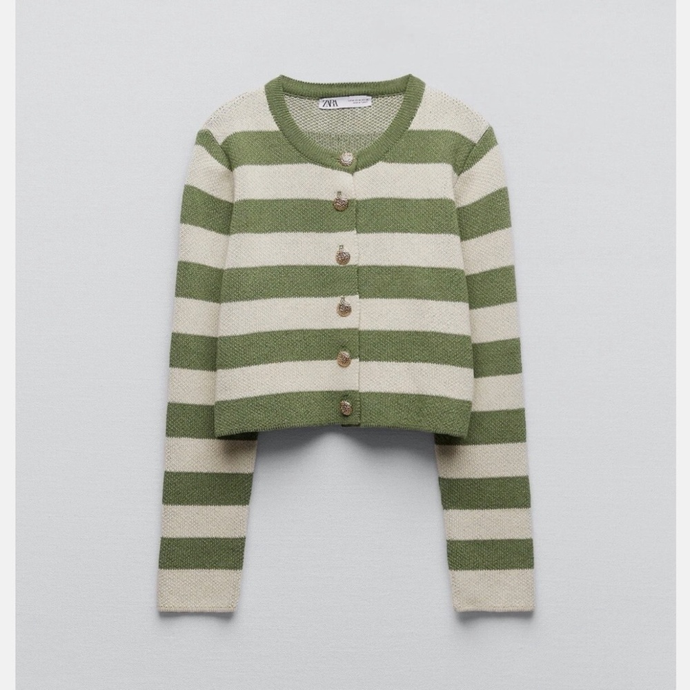 Zara Green and Cream Buttoned Cardigan